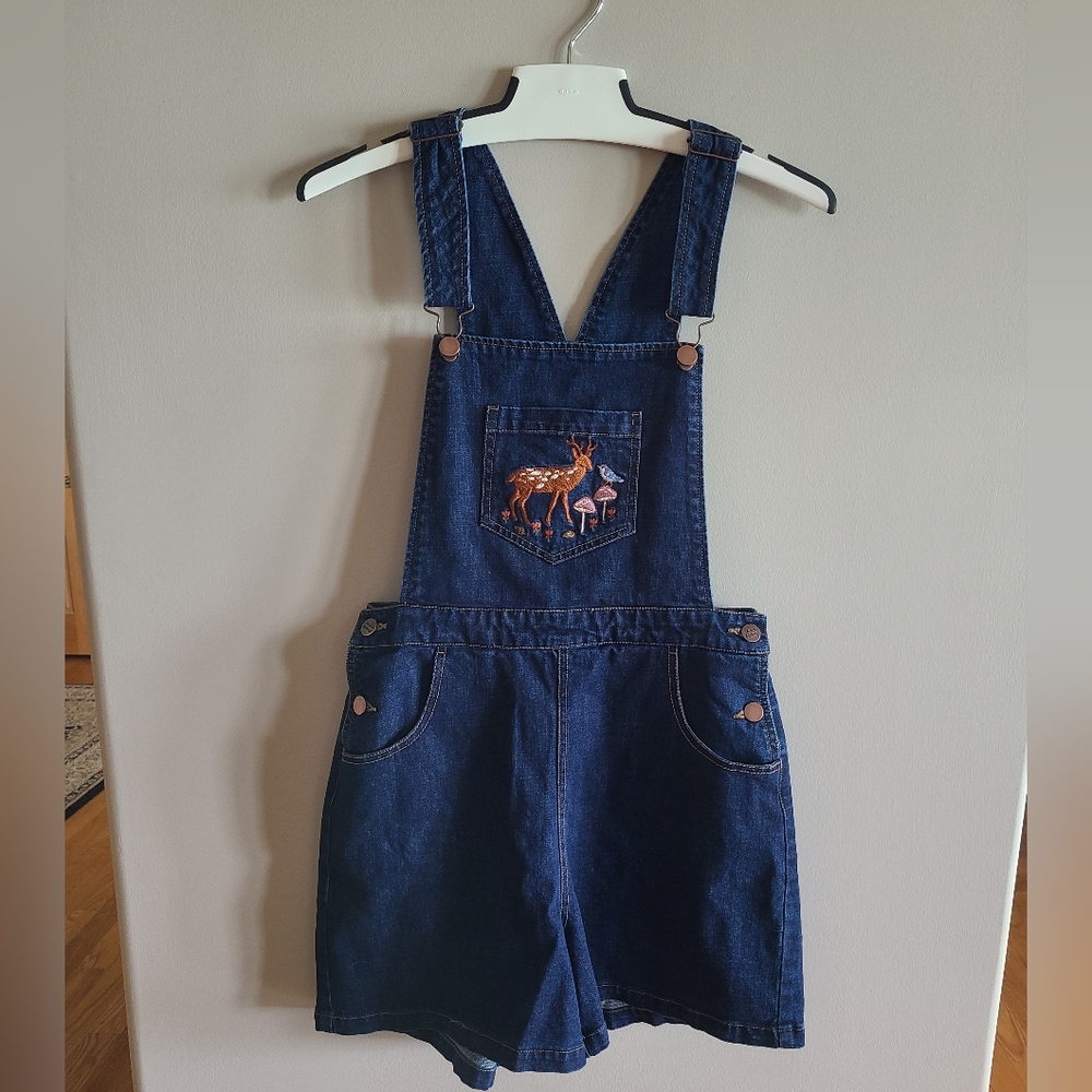 Princess Highway Modcloth Embroidered Deer Shortalls - Short Overalls - Mushroom